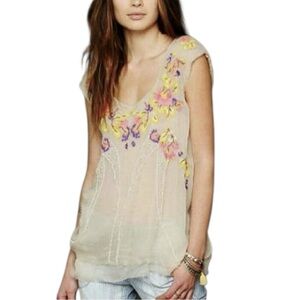 🌸 Free People Summer Nights Neon Floral Embroidered Boho Top - Size S/P